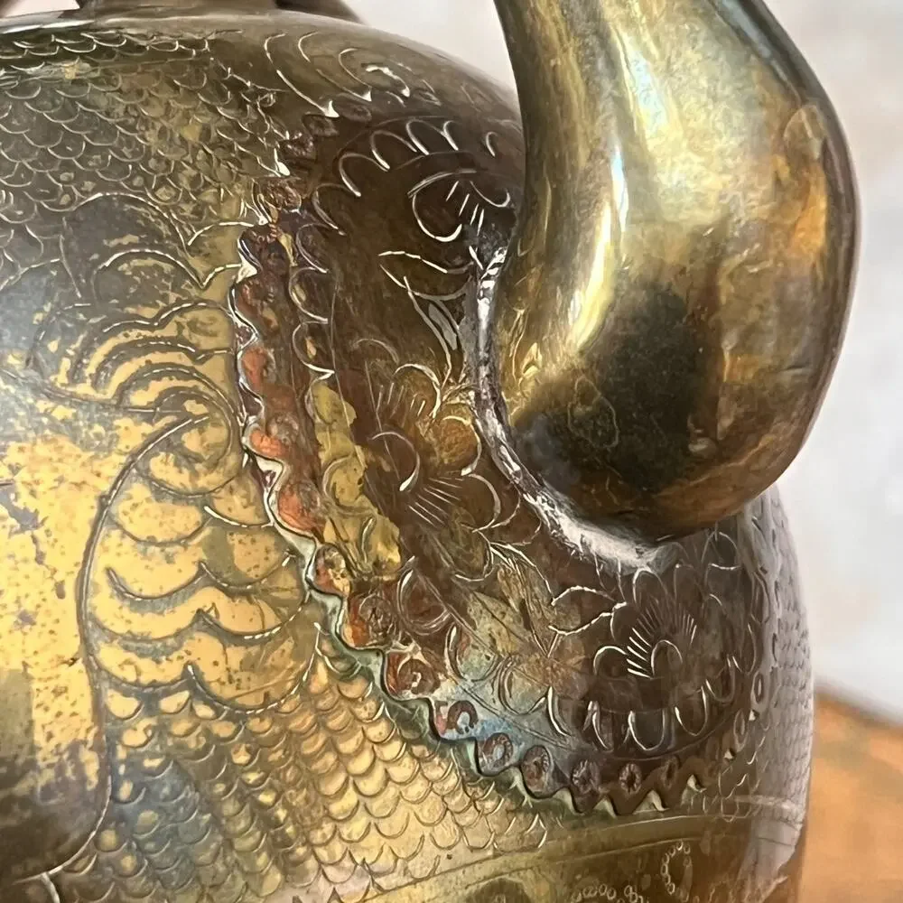 Antique Chinese Brass Engraved Teapot With Etched Designs Without Lid